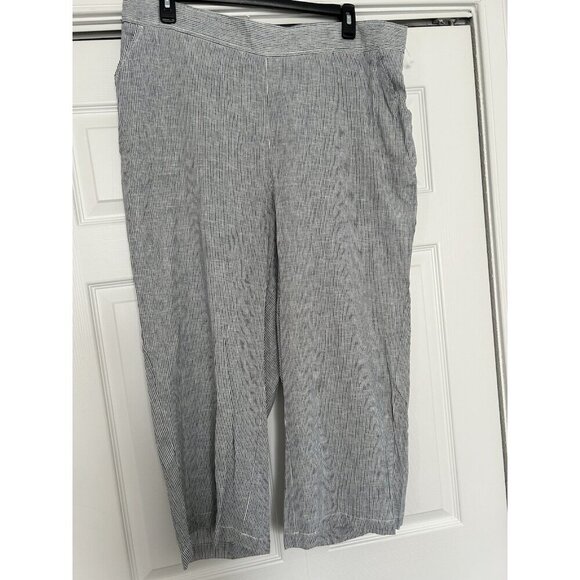 Max Studio London Wide Leg Crop Pull On Pant Blue/White Stripe Linen Blend Sz 2X - Picture 1 of 8